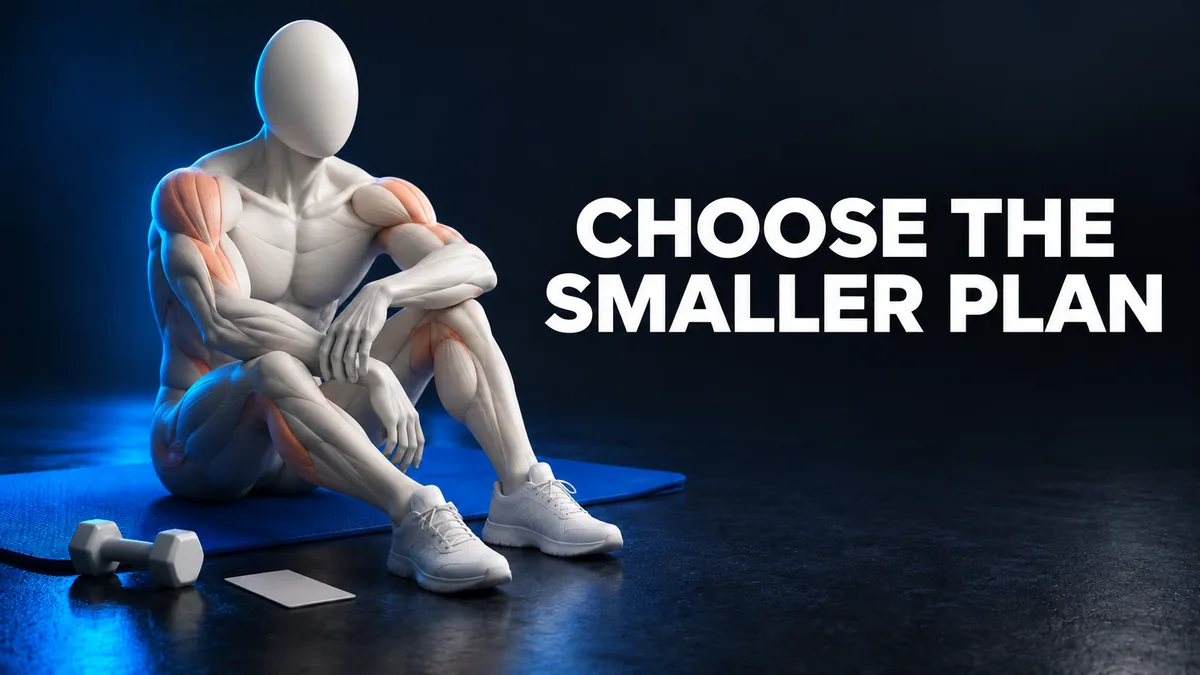Gesichtslose Figur neben Matte und leichter Hantel mit den englischen Worten CHOOSE THE SMALLER PLAN.
