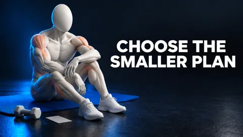 Gesichtslose Figur neben Matte und leichter Hantel mit den englischen Worten CHOOSE THE SMALLER PLAN.