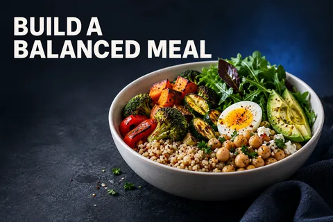 Elfenbeinfarbene Schüssel mit Gemüse, Getreide, Kichererbsen und Ei unter den englischen Worten BUILD A BALANCED MEAL.