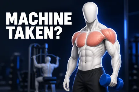 使用中のマシンのそばで青いダンベルを持つ顔のない白い3D解剖モデル。英語の文字はMACHINE TAKEN?