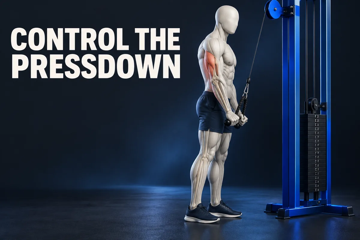 Eine gesichtslose Anatomiefigur am Kabelzug mit korallfarbenem Trizeps und CONTROL THE PRESSDOWN.