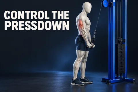 مجسم تشريحي بلا ملامح عند جهاز الكابل مع عضلة ثلاثية الرؤوس بلون مرجاني وعبارة CONTROL THE PRESSDOWN.