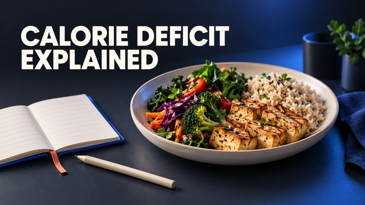 An ivory plate of vegetables, rice and tofu beside a planning notebook with the hook CALORIE DEFICIT EXPLAINED