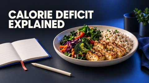 An ivory plate of vegetables, rice and tofu beside a planning notebook with the hook CALORIE DEFICIT EXPLAINED