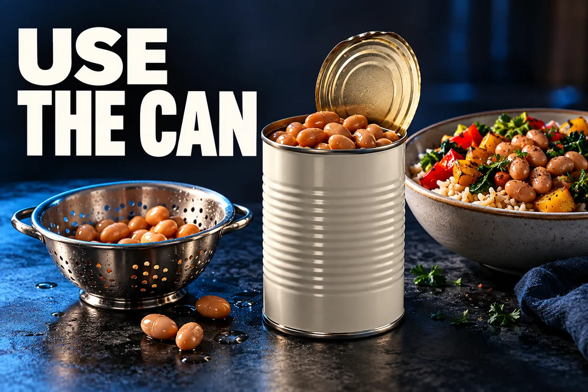 Eine geöffnete schlichte Bohnendose, ein Sieb und eine Schüssel neben den Worten USE THE CAN.