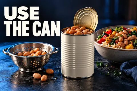 Una scatola semplice di fagioli aperta, uno scolapasta e una ciotola accanto alle parole USE THE CAN.