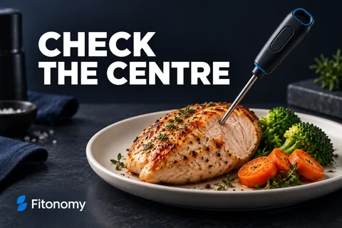 مسبار داخل دجاج مطهو على طبق عاجي مع عبارة CHECK THE CENTRE.