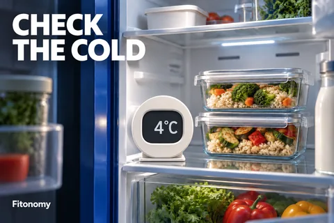 علب طعام مغلقة بجوار ميزان حرارة يعرض 4°C مع CHECK THE COLD