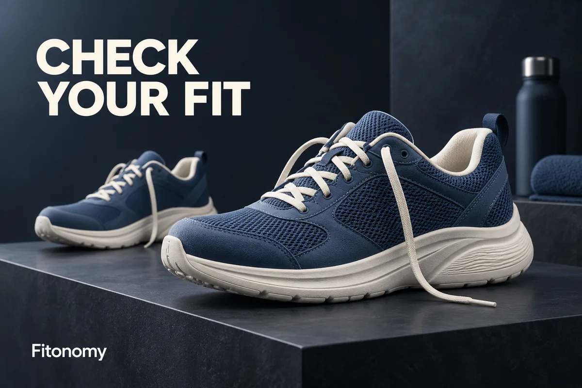 Schuhe in Kobaltblau und Elfenbein mit dem englischen Text CHECK YOUR FIT.