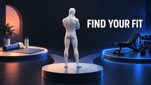 FIND YOUR FIT. Eine anatomische Figur mit glattem Gesicht ohne Gesichtszüge steht zwischen einer Matte für zu Hause und einer Fitnessbank im kobaltblauen Licht.