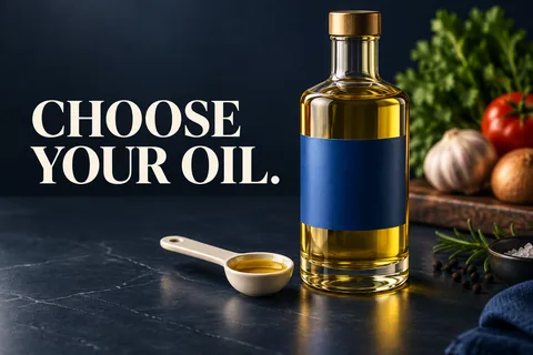 عبوة زيت وملعقة قياس على سطح كحلي مع عبارة CHOOSE YOUR OIL.