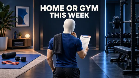 Gesichtslose Person mit glattem Kopf zwischen Trainingsmatte zu Hause und Studio mit Wochenplan. HOME OR GYM THIS WEEK.