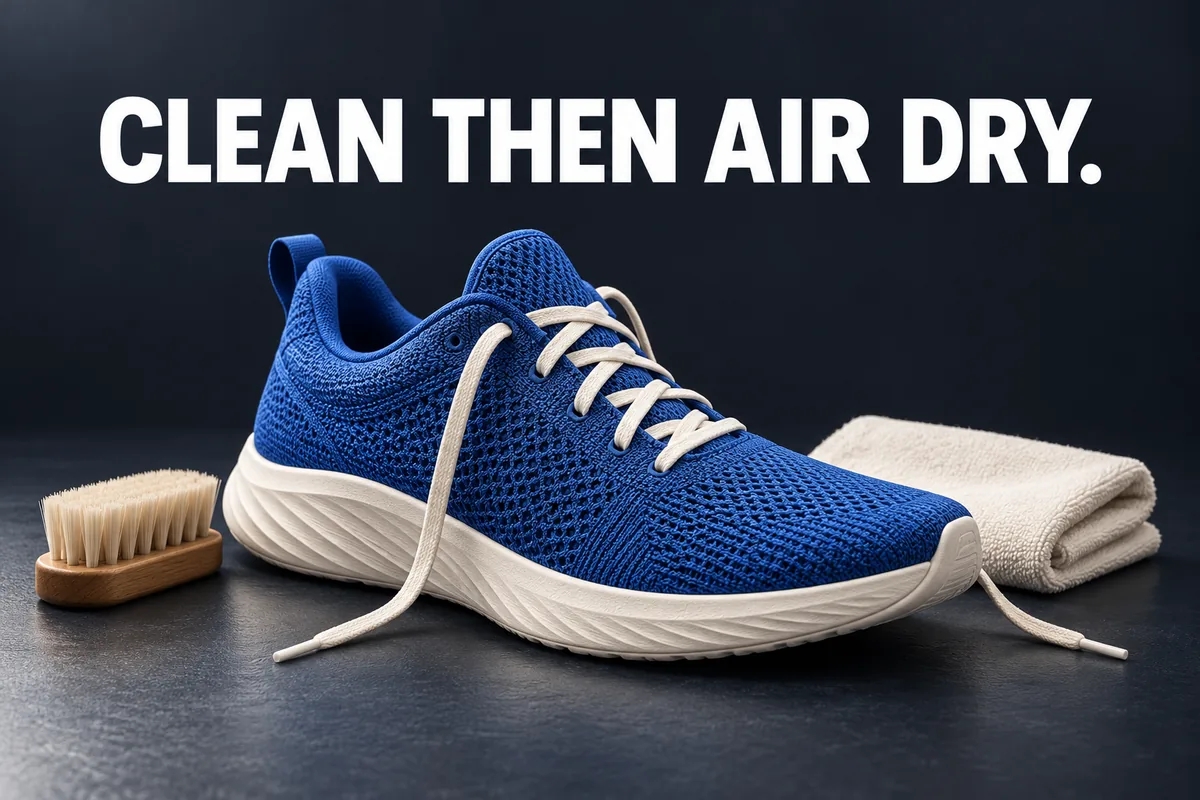 Kobaltblauer Stoffschuh mit weicher Bürste und elfenbeinfarbenem Tuch, CLEAN THEN AIR DRY.