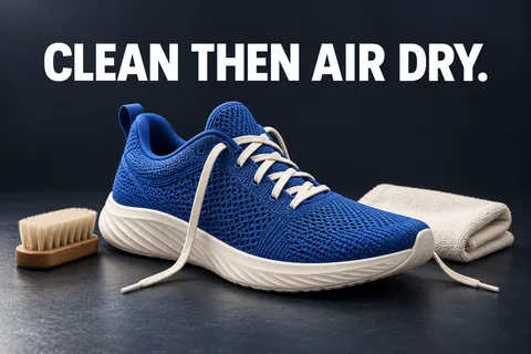 حذاء قماشي كوبالتي مع فرشاة ناعمة وقماش عاجي وعبارة CLEAN THEN AIR DRY.