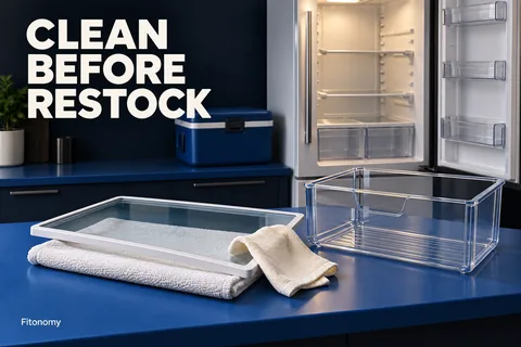 رف زجاجي ودرج بجوار حافظة تبريد مغلقة وثلاجة مفتوحة مع عبارة CLEAN BEFORE RESTOCK.