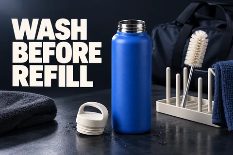 زجاجة زرقاء مع غطاء منفصل وفرشاة ورف تجفيف وكلمات إنجليزية WASH BEFORE REFILL.