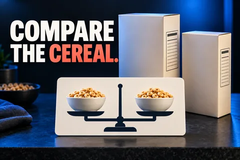 Zwei neutrale Müslipackungen und zwei gleiche Schalen mit dem Schriftzug COMPARE THE CEREAL.