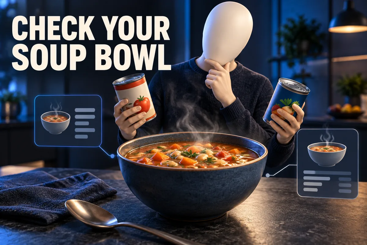 Eine gesichtslose Person vergleicht Suppendosen und eine Schüssel neben den Worten CHECK YOUR SOUP BOWL.