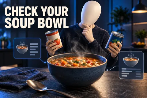 Una persona senza volto confronta lattine e una ciotola accanto alle parole CHECK YOUR SOUP BOWL.