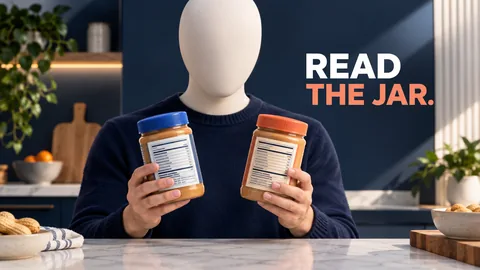 Figura senza volto che confronta due etichette di burro di arachidi sotto le parole READ THE JAR.