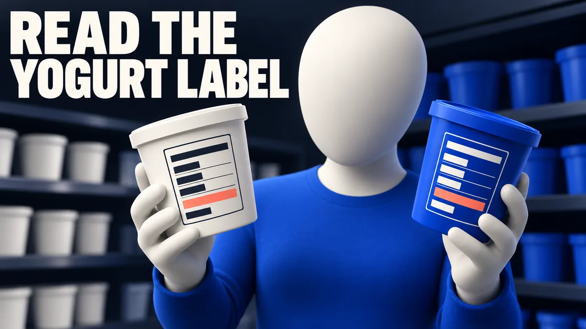 Una persona senza volto confronta due vasetti di yogurt accanto alle parole READ THE YOGURT LABEL.