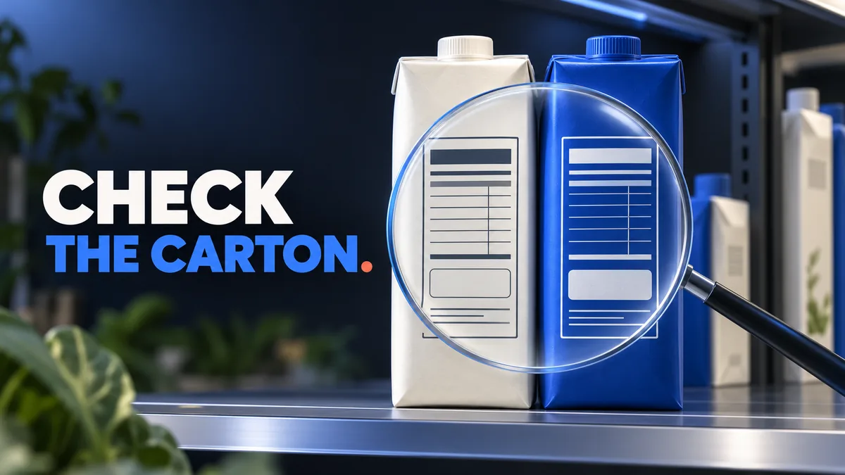 Deux cartons de boissons végétales sans marque et une loupe sous le texte CHECK THE CARTON.