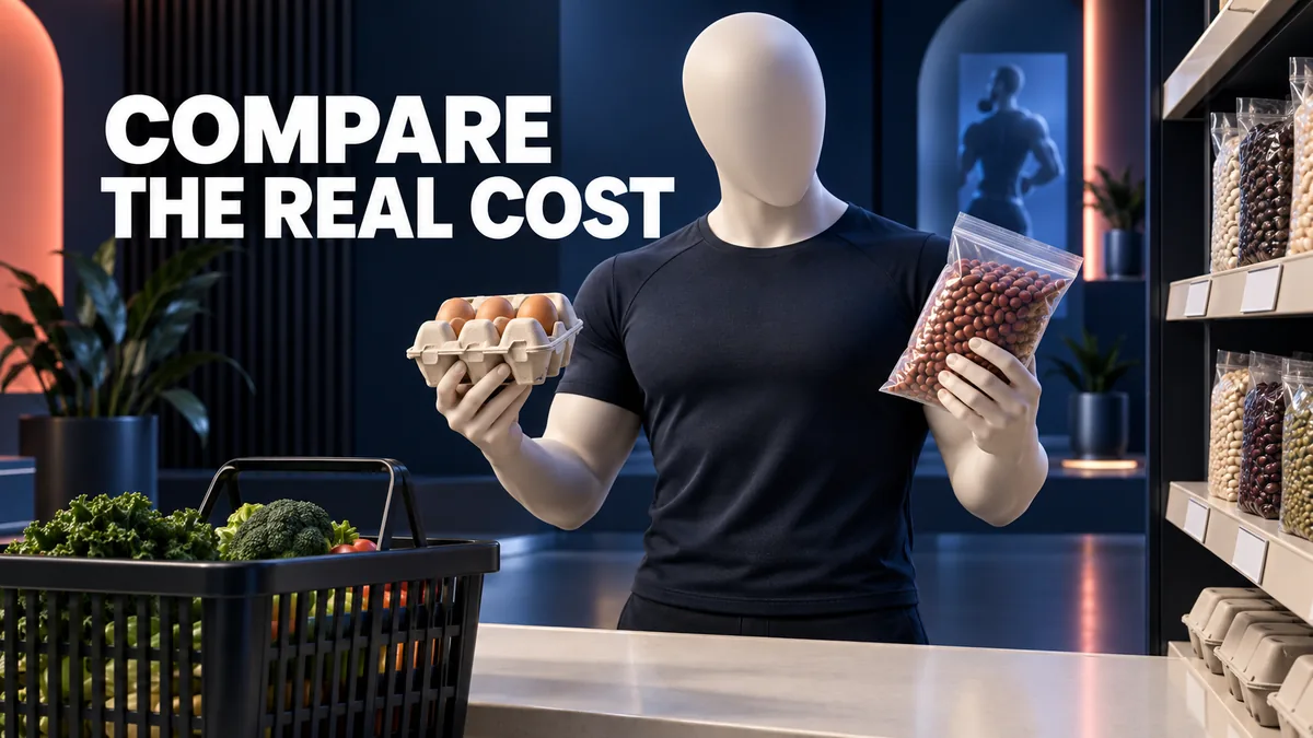 Gesichtslose Person vergleicht Eier und Bohnen mit den englischen Worten COMPARE THE REAL COST.