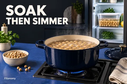 قدر كحلي فيه حمص بيج يغلي بهدوء ووعاء حمص جاف وعلبة نقع في الثلاجة مع SOAK THEN SIMMER.