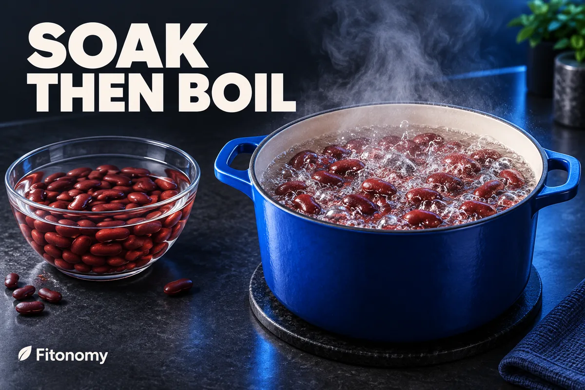 Blauer Topf mit kochenden roten Kidneybohnen neben einer Einweichschüssel und den Worten SOAK THEN BOIL