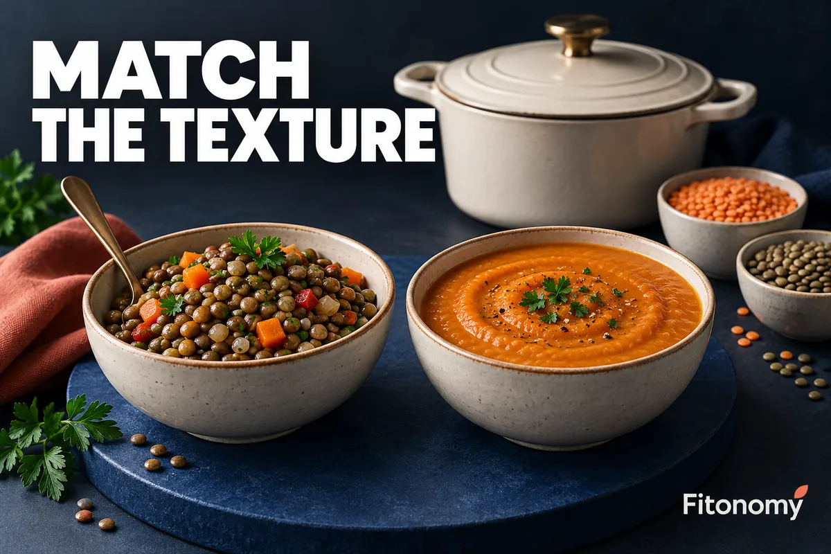 Kuru mercimek ve tencere yanında pişmiş bütün mercimek ile pürüzsüz bölünmüş mercimek çorbası, MATCH THE TEXTURE yazısıyla.