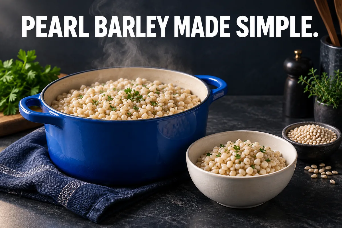 Kobaltblauer Topf und elfenbeinfarbene Schale mit Graupen und dem Text PEARL BARLEY MADE SIMPLE.