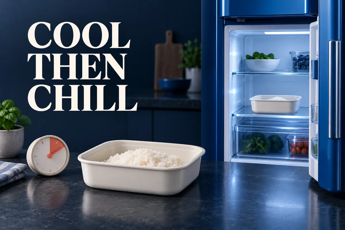 Flache Reisbehälter neben einem kobaltblauen Kühlschrank mit dem Text COOL THEN CHILL