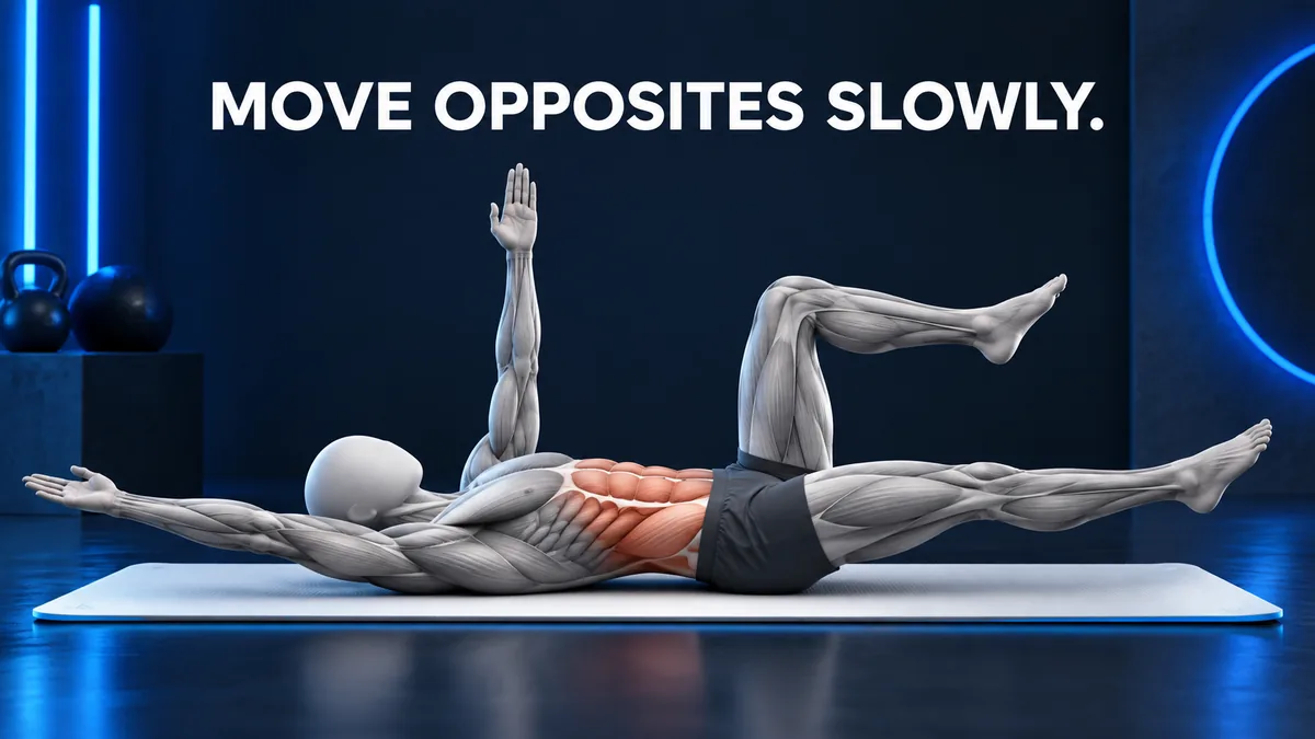 Gesichtslose Figur auf einer Matte mit den englischen Worten MOVE OPPOSITES SLOWLY.
