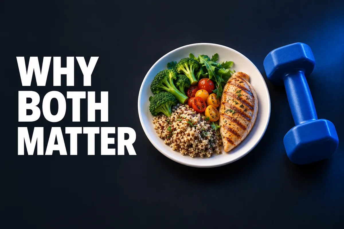 A 3D meal plate and blue dumbbell beside the words WHY BOTH MATTER.