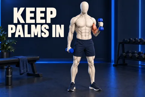 مجسم عاجي بلا ملامح يثني المرفق بدمبل بقبضة محايدة، مع عضلات ذراع مرجانية وعبارة KEEP PALMS IN.