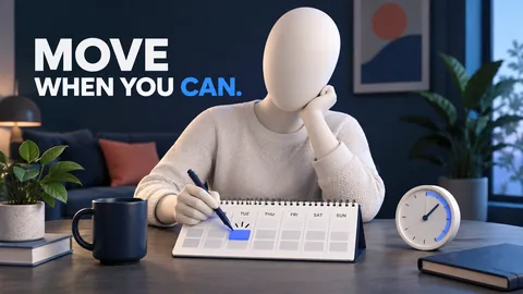 MOVE WHEN YOU CAN. Una persona che presta assistenza con testa liscia e senza volto guarda un piano di attività accanto a un calendario.