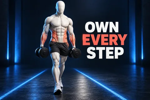 顔のない象牙色の選手が二つのダンベルを持って歩き、珊瑚色の筋肉と OWN EVERY STEP が見える画像。