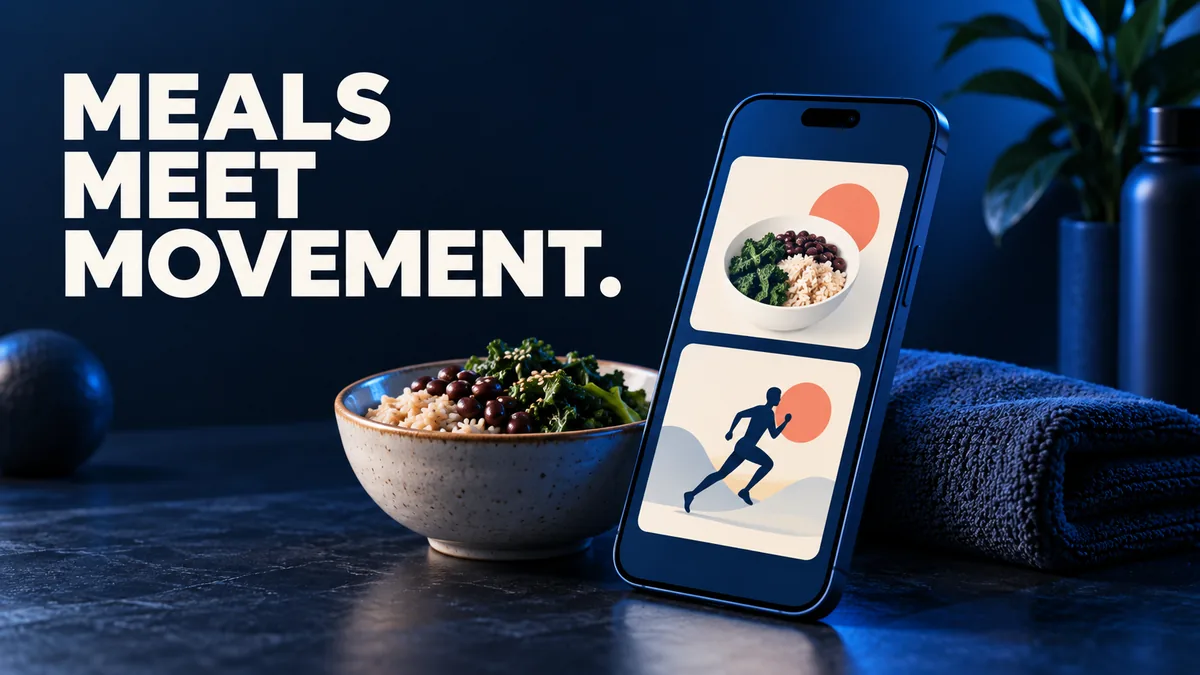 MEALS MEET MOVEMENT. Ein blaues Telefon mit einfachen Karten für Essen und Bewegung neben einer Schale Reis, Bohnen und Gemüse.