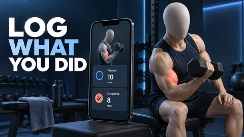 Gesichtslose Trainingsfigur neben geplanten und absolvierten Wiederholungen. LOG WHAT YOU DID.