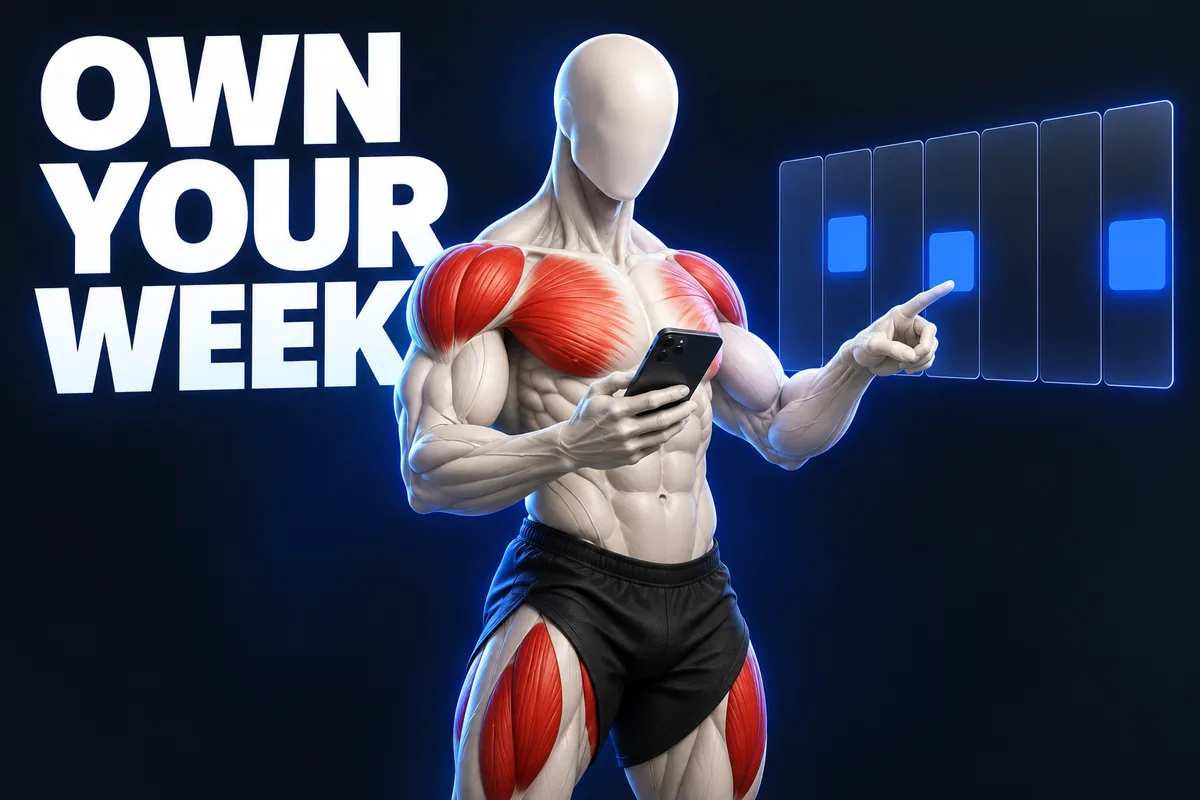 顔のない象牙色の三次元アスリートが週間表とOWN YOUR WEEKの文字の横でスマートフォンを持っています。