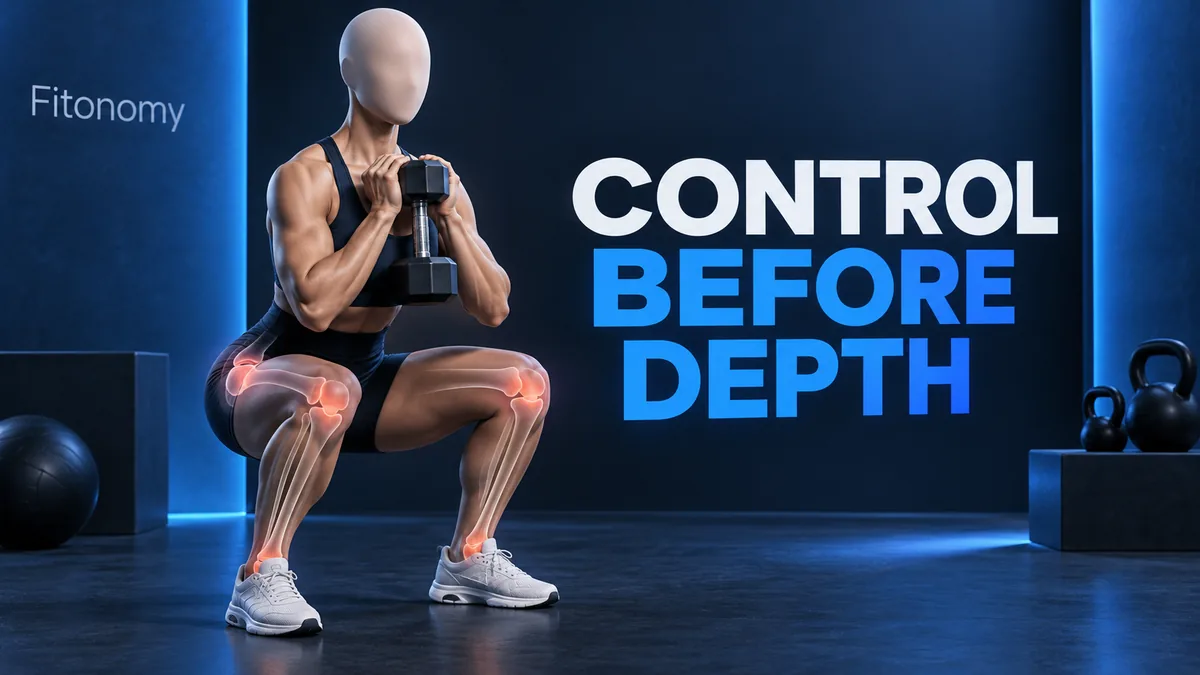 شخص بلا ملامح يحمل دمبلا قرب الصدر في قرفصاء متحكم بها. CONTROL BEFORE DEPTH.