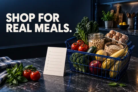 SHOP FOR REAL MEALS. Une courte liste près d’un panier bleu contenant des œufs, des légumineuses, des céréales, des fruits et des légumes.