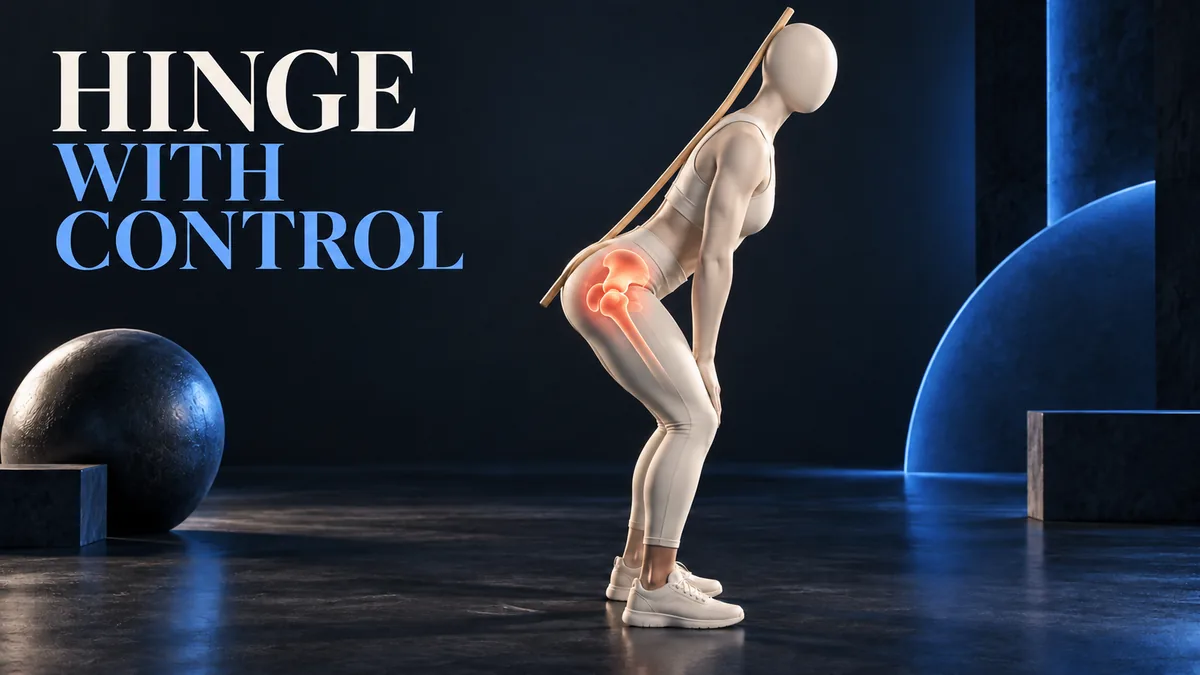HINGE WITH CONTROL. A blank headed figure practises an unloaded hip hinge with a dowel along the head, upper back and pelvis.