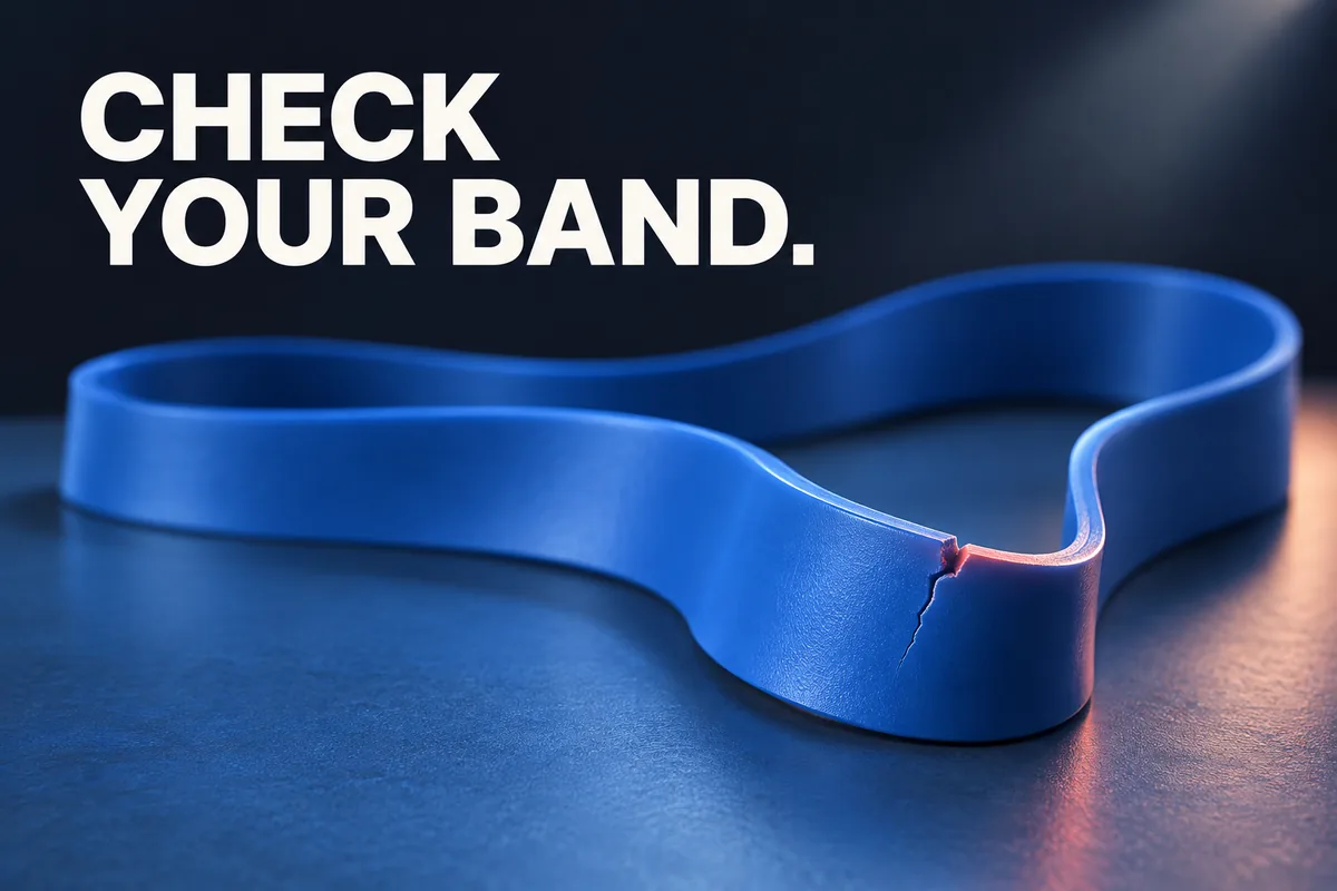 Una banda blu senza tensione con uno strappo visibile sul bordo sopra una superficie cobalto, con il testo CHECK YOUR BAND.