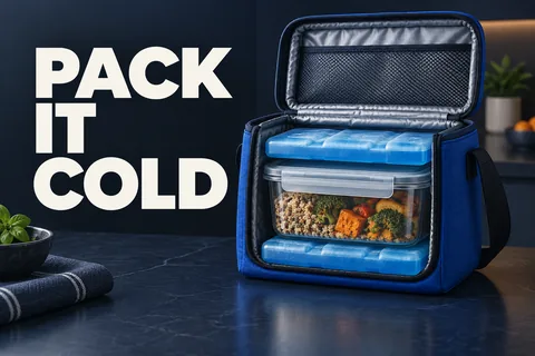 حقيبة زرقاء عازلة تضم وعاء طعام مغلقا بين عبوتين مجمدتين بجوار عبارة PACK IT COLD.