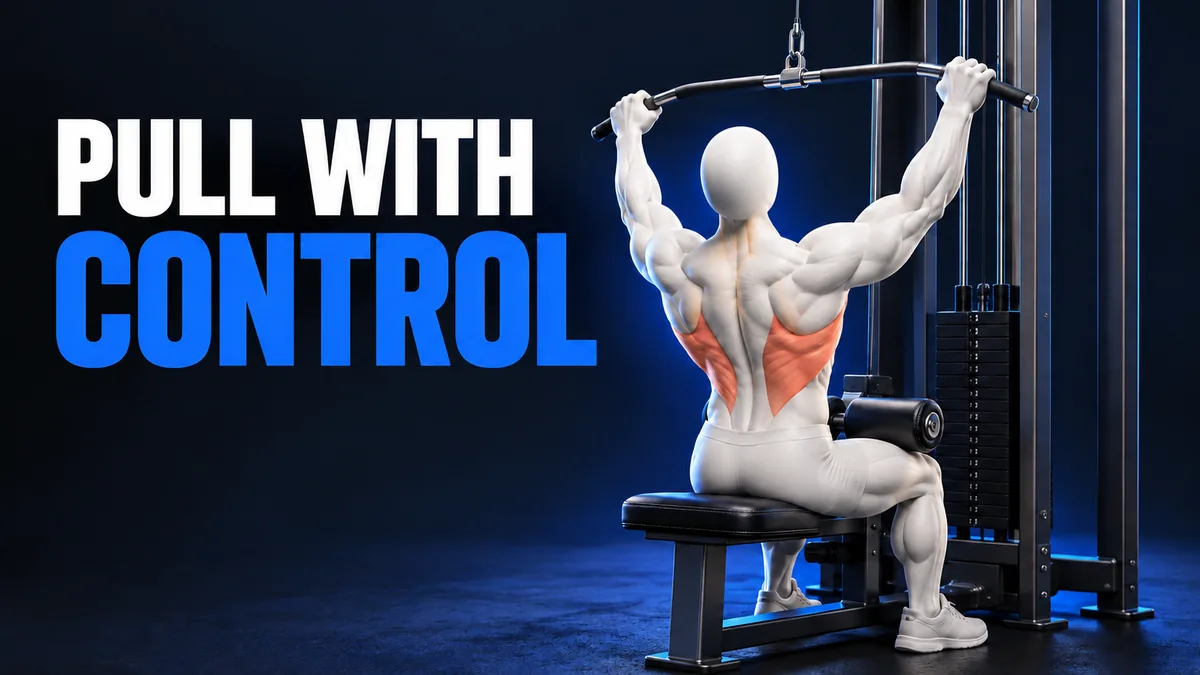 Figura senza volto alla macchina lat con i muscoli della schiena evidenziati accanto alla scritta PULL WITH CONTROL.