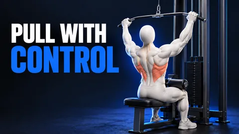 Figura senza volto alla macchina lat con i muscoli della schiena evidenziati accanto alla scritta PULL WITH CONTROL.