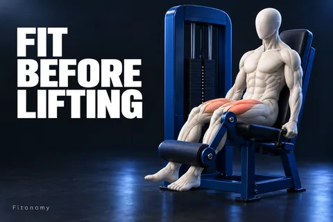 شخصية عاجية بلا ملامح على جهاز أزرق لمد الركبة مع إبراز عضلات الفخذ الأمامية ونص FIT BEFORE LIFTING.