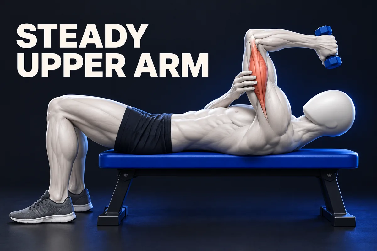 Figura avorio senza volto su una panca con braccio verticale e tricipite evidenziato accanto a STEADY UPPER ARM.