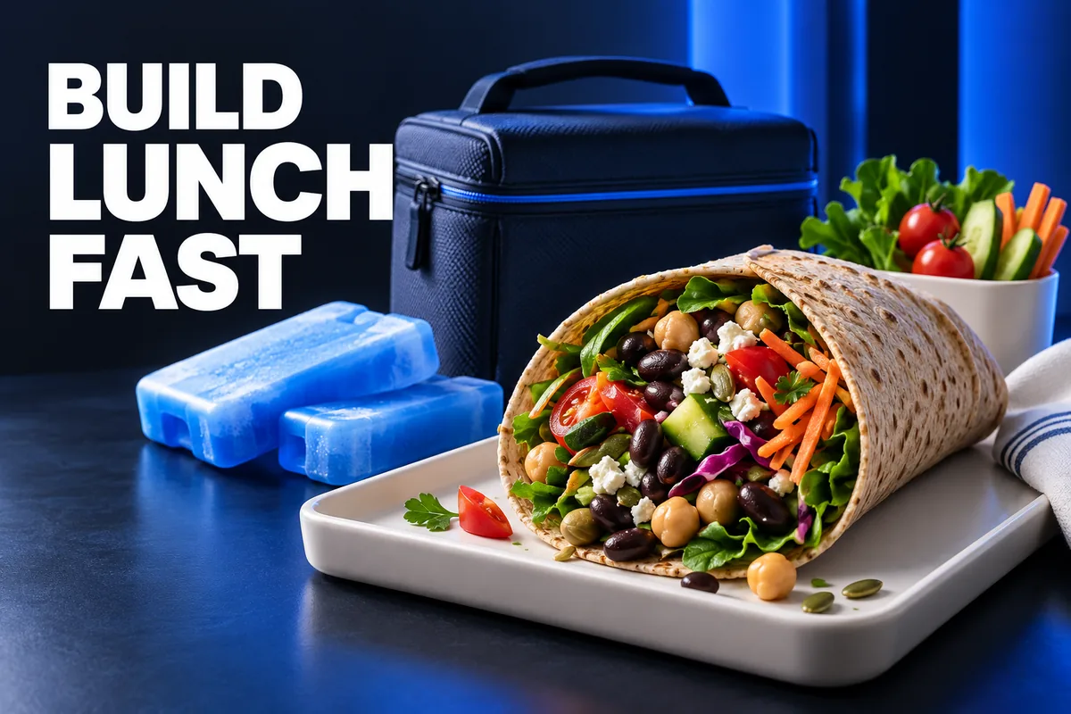 BUILD LUNCH FAST. لفافة من البقول والخضار بجانب حقيبة عازلة وعبوتين للتبريد.